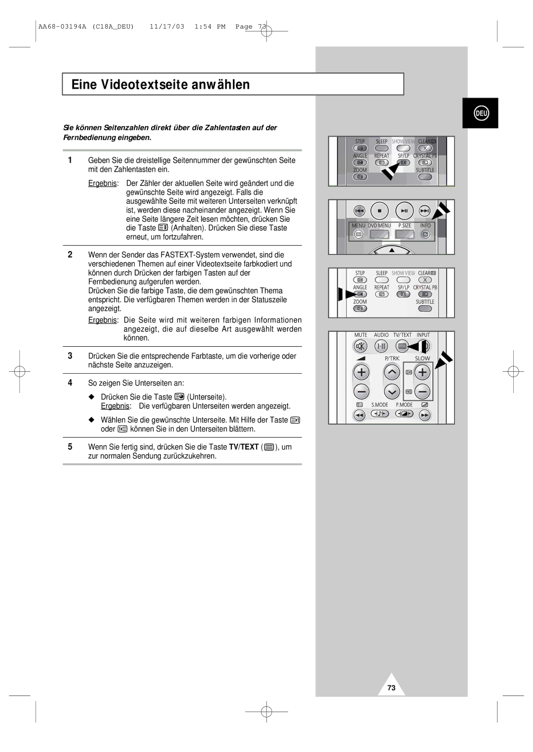 Samsung UW17J11VD5XXEC, UW17J11VD5XXEG, UW17J11VD5XXEF, UW17J11VD5XXEU manual Eine Videotextseite anwählen 