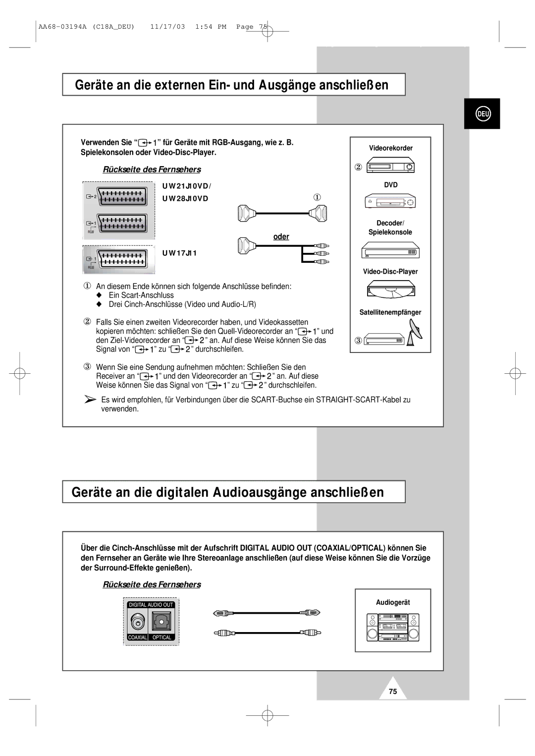 Samsung UW17J11VD5XXEU Geräte an die externen Ein- und Ausgänge anschließen, Spielekonsolen oder Video-Disc-Player, Oder 