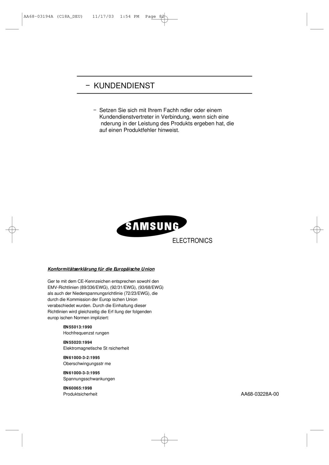 Samsung UW17J11VD5XXEF, UW17J11VD5XXEG, UW17J11VD5XXEC manual Kundendienst, Konformitätserklärung für die Europäische Union 