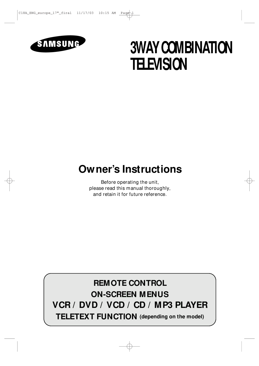 Samsung UW17J11VD5XXEC, UW17J11VD5XXEG, UW17J11VD5XXEF manual Owner’s Instructions 