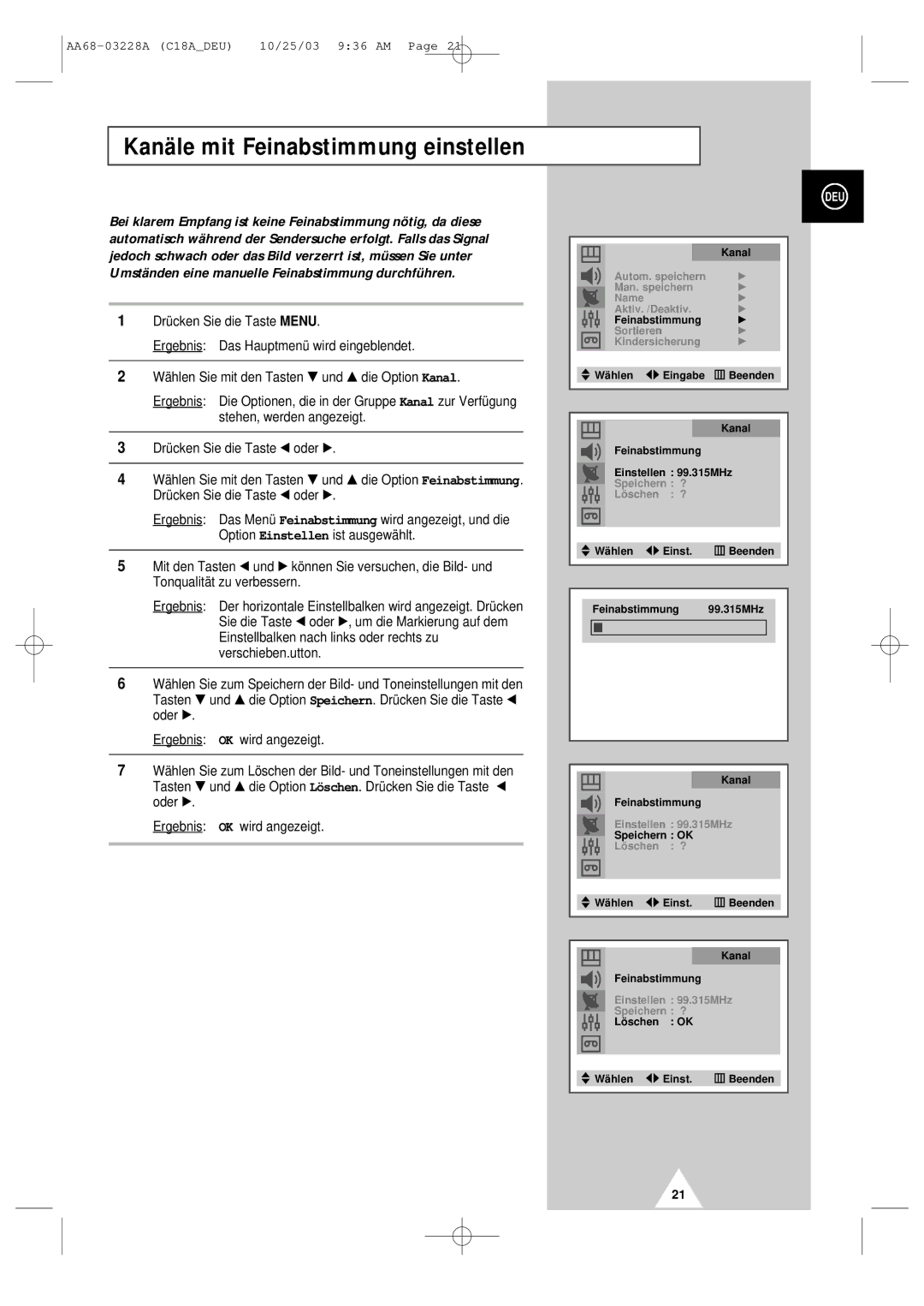 Samsung UW17J11VD5XXEG, UW17J11VD5XXEC, UW17J11VD5XXEF manual Kanäle mit Feinabstimmung einstellen 