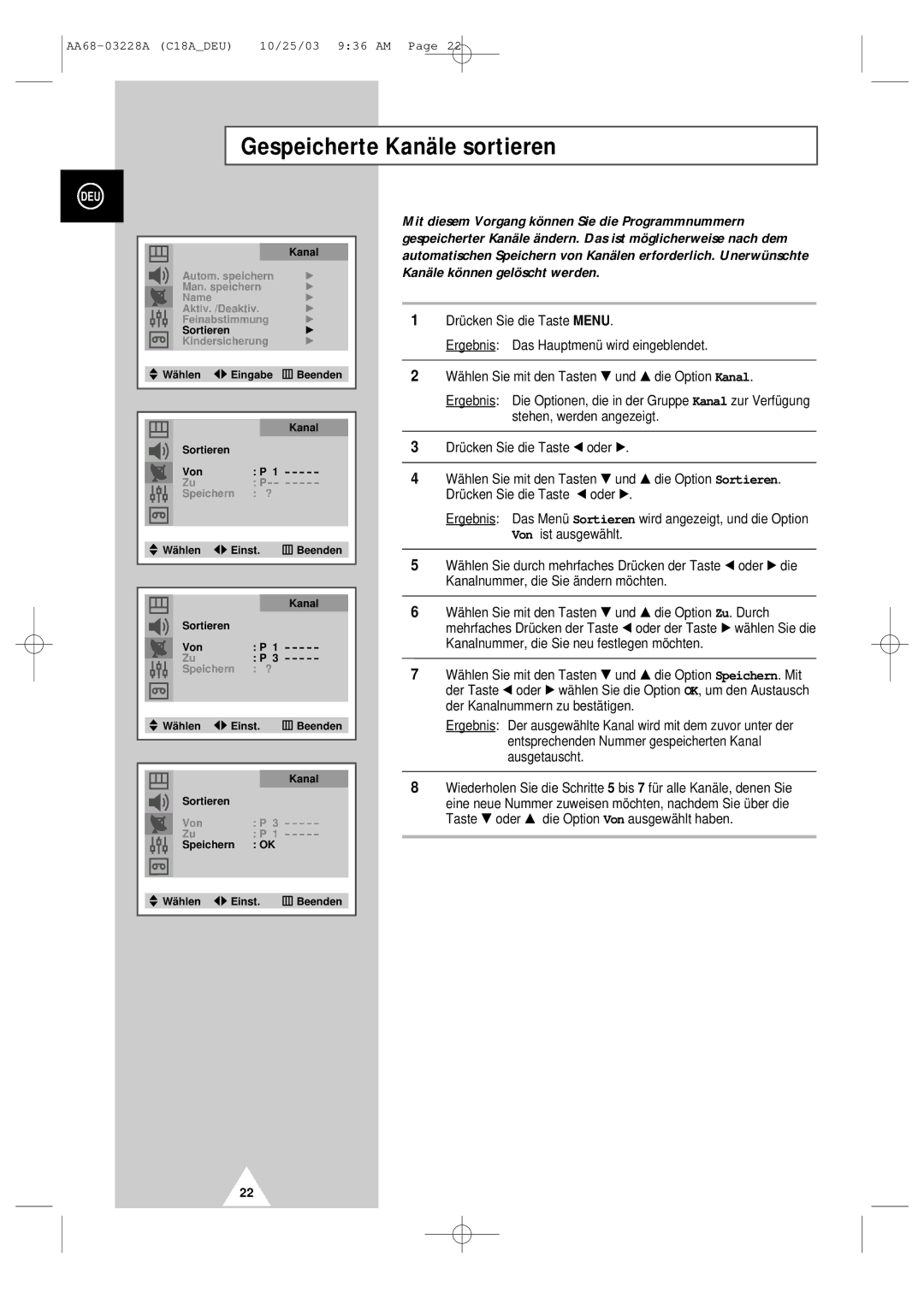 Samsung UW17J11VD5XXEC, UW17J11VD5XXEG, UW17J11VD5XXEF manual Gespeicherte Kanäle sortieren 