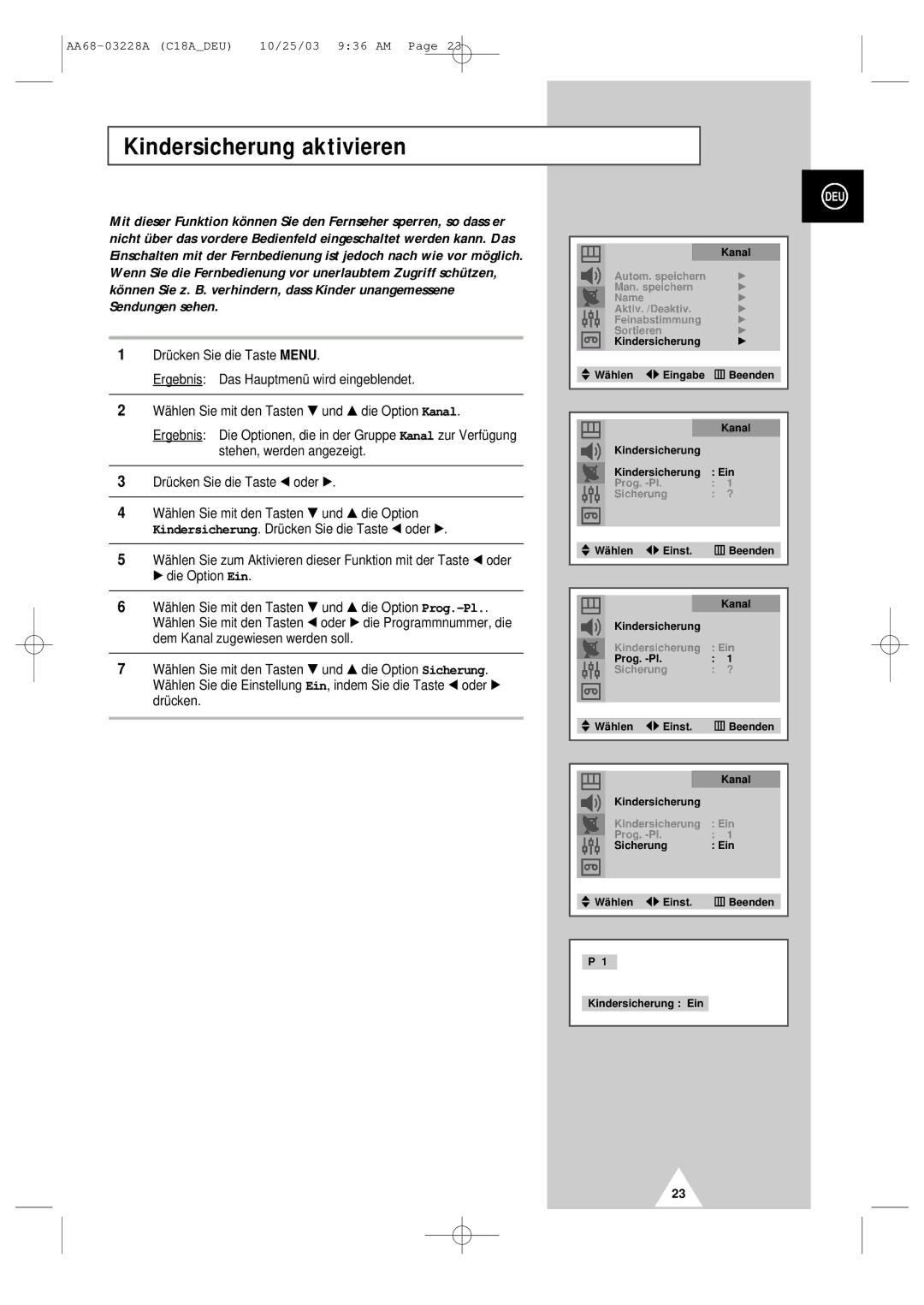 Samsung UW17J11VD5XXEF, UW17J11VD5XXEG, UW17J11VD5XXEC manual Kindersicherung aktivieren 