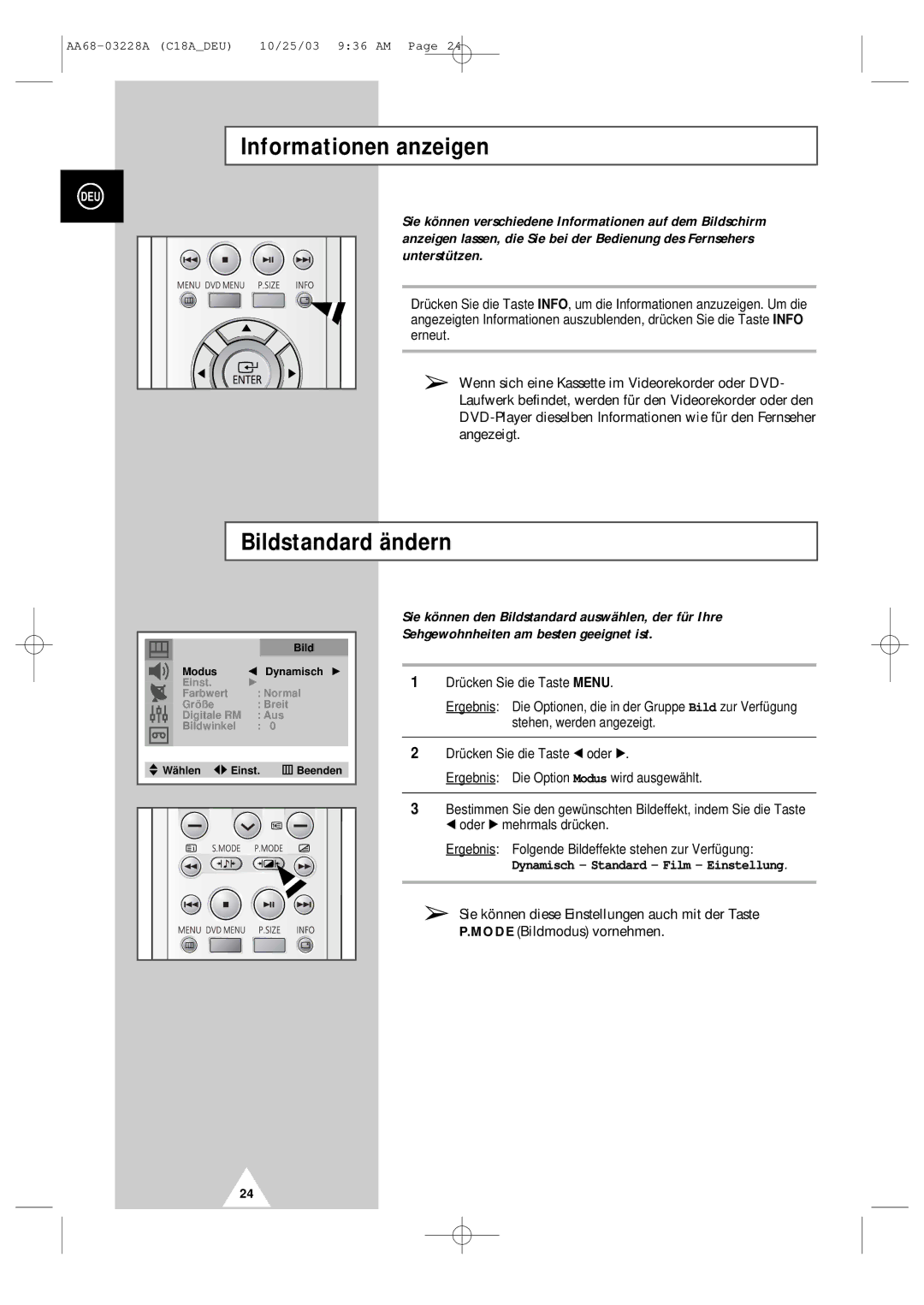 Samsung UW17J11VD5XXEG, UW17J11VD5XXEC, UW17J11VD5XXEF manual Informationen anzeigen, Bildstandard ändern 