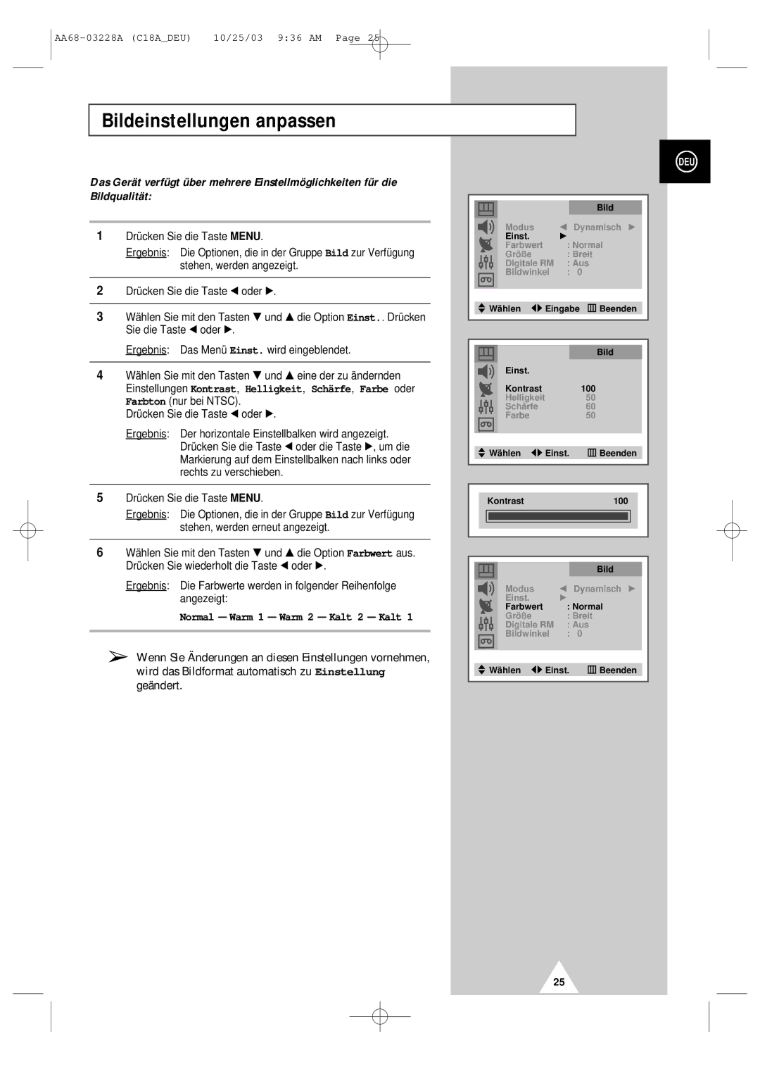 Samsung UW17J11VD5XXEC, UW17J11VD5XXEG, UW17J11VD5XXEF manual Bildeinstellungen anpassen, Normal Warm 1 Warm 2 Kalt 2 Kalt 