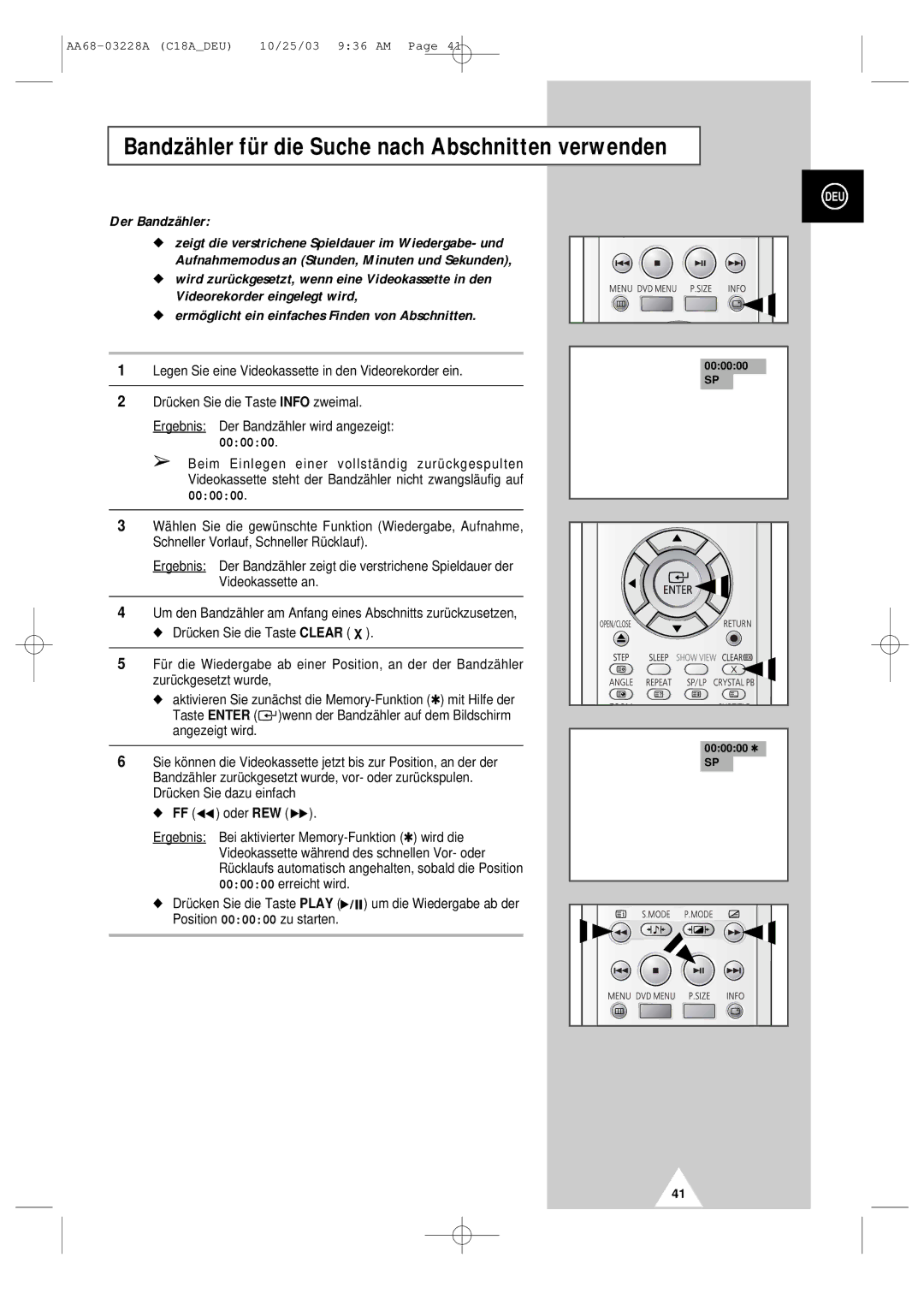 Samsung UW17J11VD5XXEF, UW17J11VD5XXEG manual Bandzähler für die Suche nach Abschnitten verwenden, Der Bandzähler, 000000 