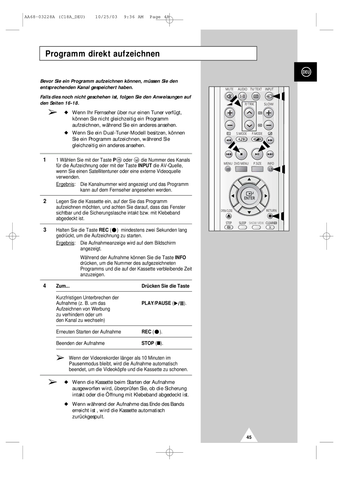 Samsung UW17J11VD5XXEG, UW17J11VD5XXEC, UW17J11VD5XXEF manual Programm direkt aufzeichnen, Zum, Rec, Stop 