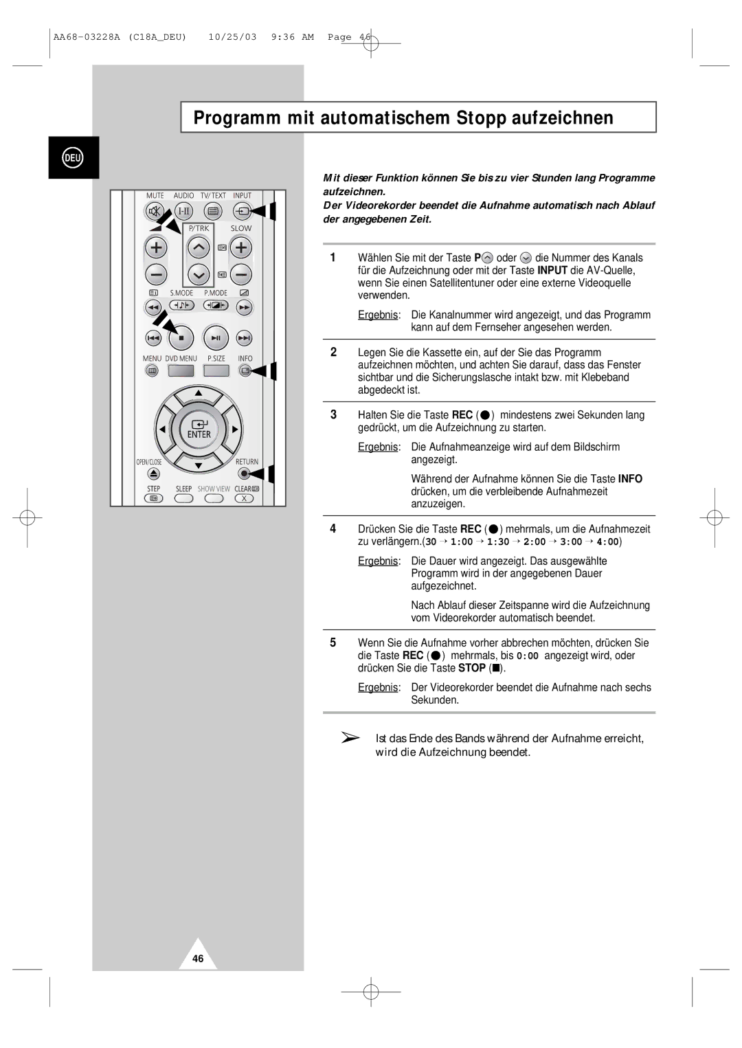 Samsung UW17J11VD5XXEC, UW17J11VD5XXEG, UW17J11VD5XXEF manual Programm mit automatischem Stopp aufzeichnen 