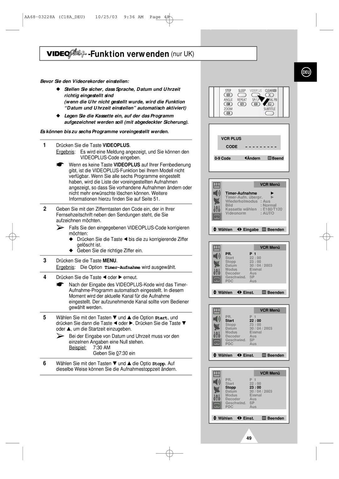 Samsung UW17J11VD5XXEC, UW17J11VD5XXEG, UW17J11VD5XXEF manual TM-Funktion verwenden nur UK, VCR Plus 