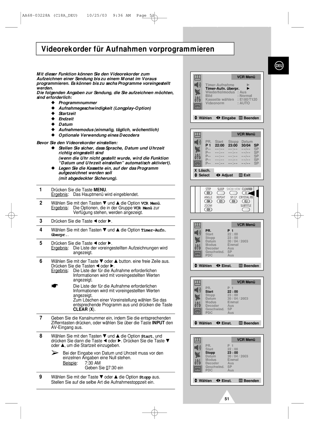 Samsung UW17J11VD5XXEG, UW17J11VD5XXEC, UW17J11VD5XXEF manual Videorekorder für Aufnahmen vorprogrammieren 