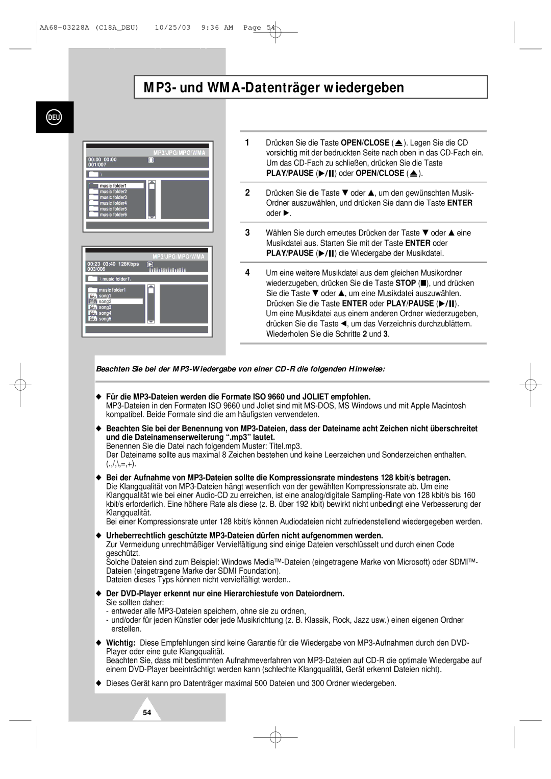 Samsung UW17J11VD5XXEG, UW17J11VD5XXEC, UW17J11VD5XXEF MP3- und WMA-Datenträger wiedergeben, PLAY/PAUSE oder OPEN/CLOSE 