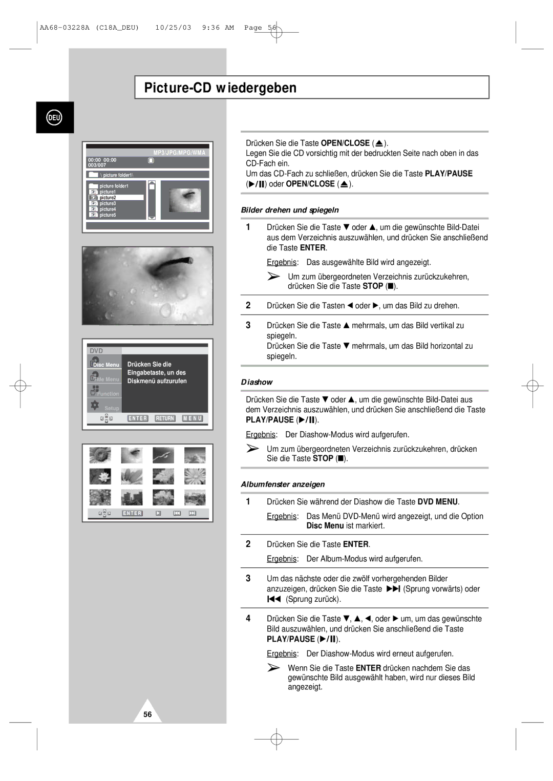 Samsung UW17J11VD5XXEF Picture-CD wiedergeben, Bilder drehen und spiegeln, Diashow, Play/Pause, Albumfenster anzeigen 