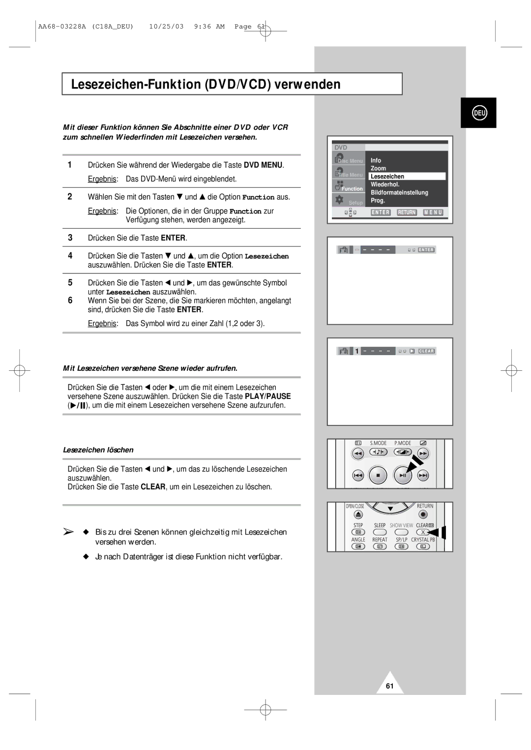 Samsung UW17J11VD5XXEC manual Lesezeichen-Funktion DVD/VCD verwenden, Mit Lesezeichen versehene Szene wieder aufrufen 