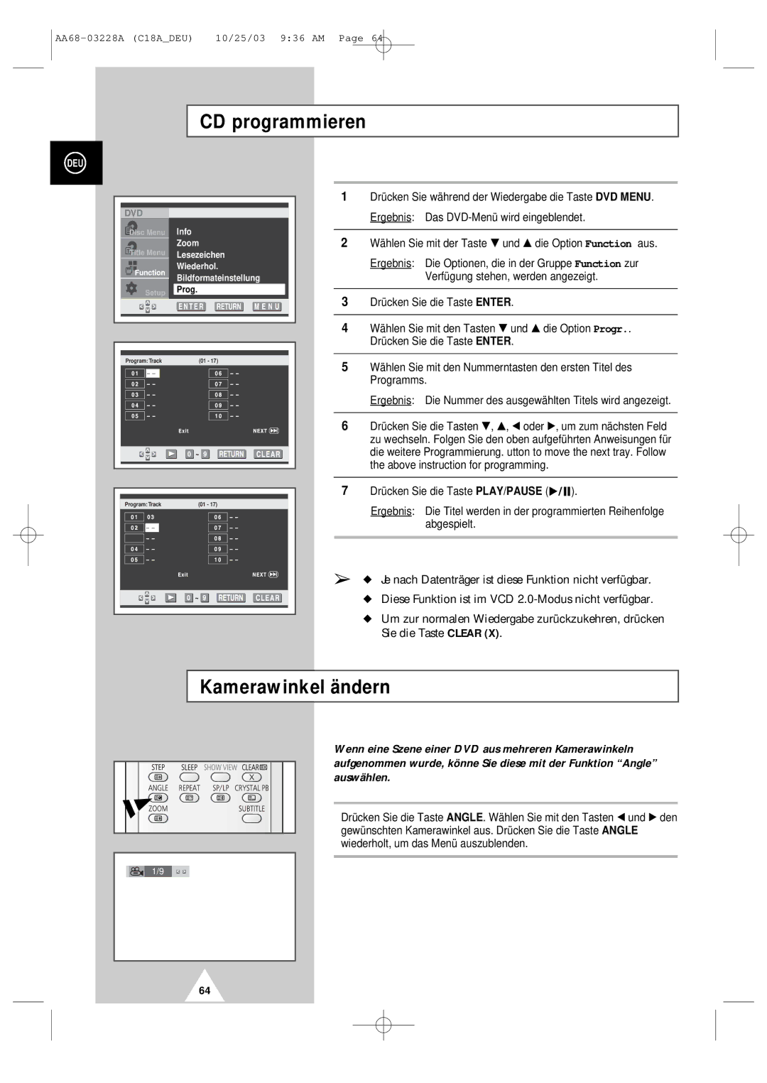 Samsung UW17J11VD5XXEC, UW17J11VD5XXEG, UW17J11VD5XXEF manual CD programmieren, Kamerawinkel ändern 