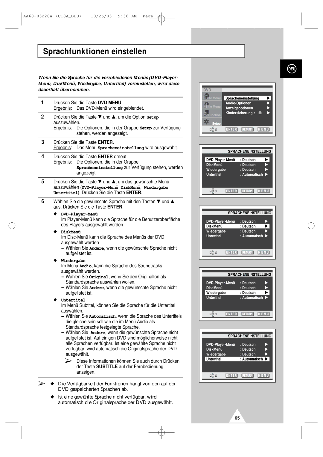 Samsung UW17J11VD5XXEF, UW17J11VD5XXEG manual Sprachfunktionen einstellen, DVD-Player-Menü, DiskMenü, Wiedergabe, Untertitel 