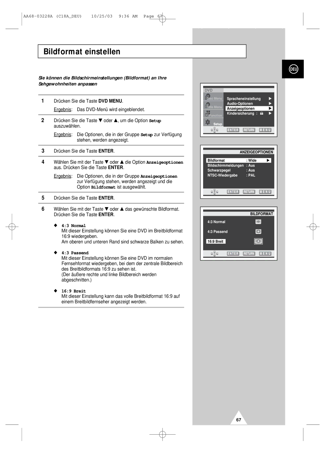 Samsung UW17J11VD5XXEC, UW17J11VD5XXEG, UW17J11VD5XXEF manual Bildformat einstellen, Normal, Passend, Breit 