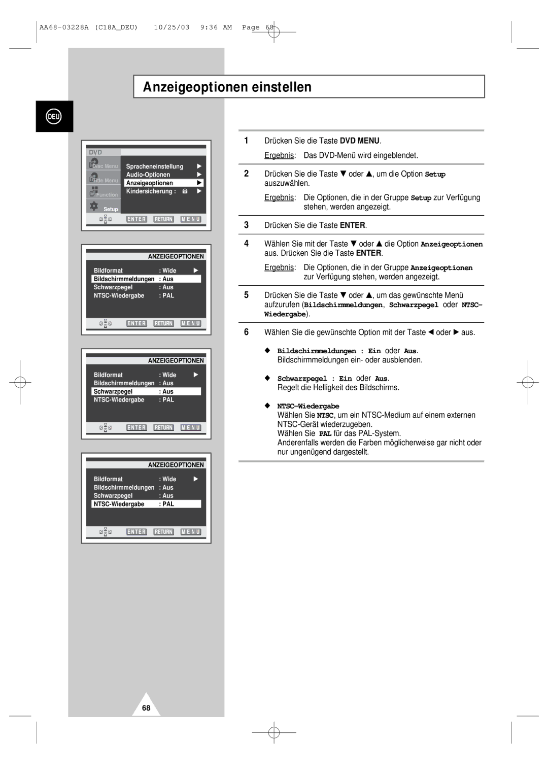 Samsung UW17J11VD5XXEF, UW17J11VD5XXEG, UW17J11VD5XXEC manual Anzeigeoptionen einstellen, NTSC-Wiedergabe 