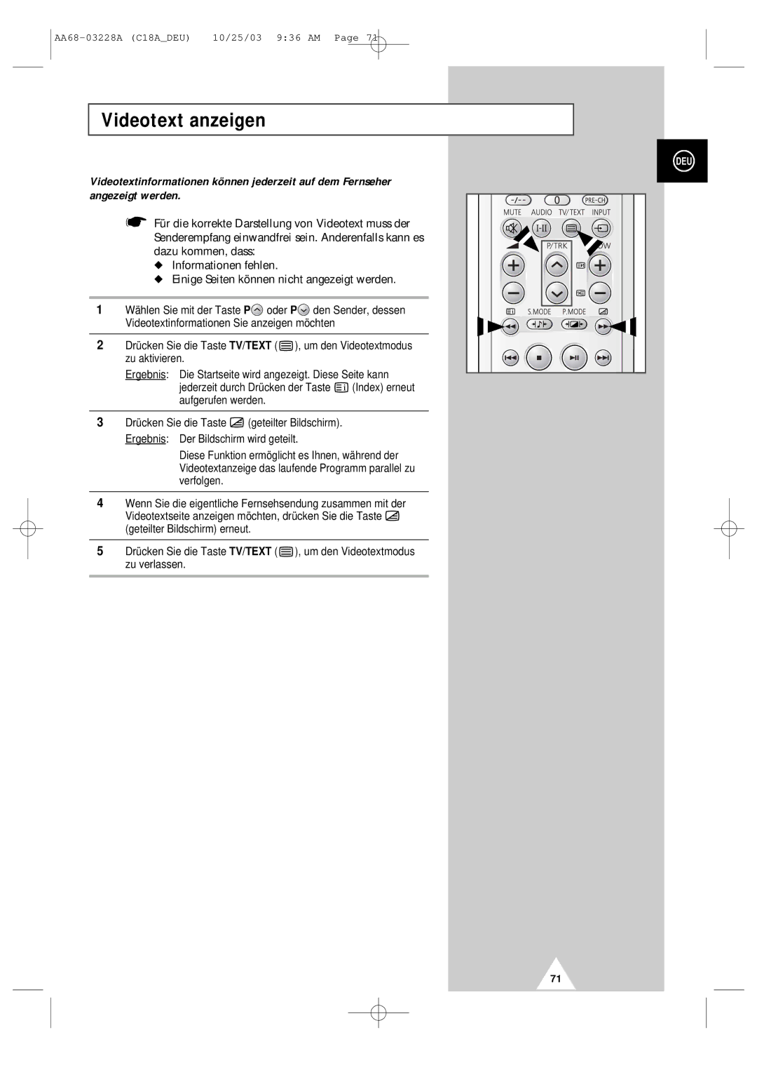 Samsung UW17J11VD5XXEF, UW17J11VD5XXEG, UW17J11VD5XXEC manual Videotext anzeigen 