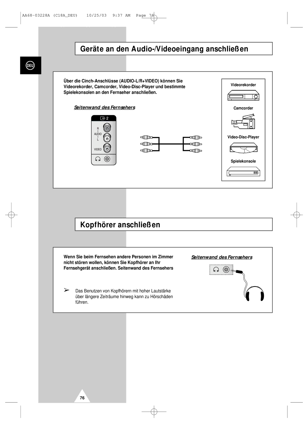 Samsung UW17J11VD5XXEC, UW17J11VD5XXEG, UW17J11VD5XXEF Geräte an den Audio-/Videoeingang anschließen, Kopfhörer anschließen 