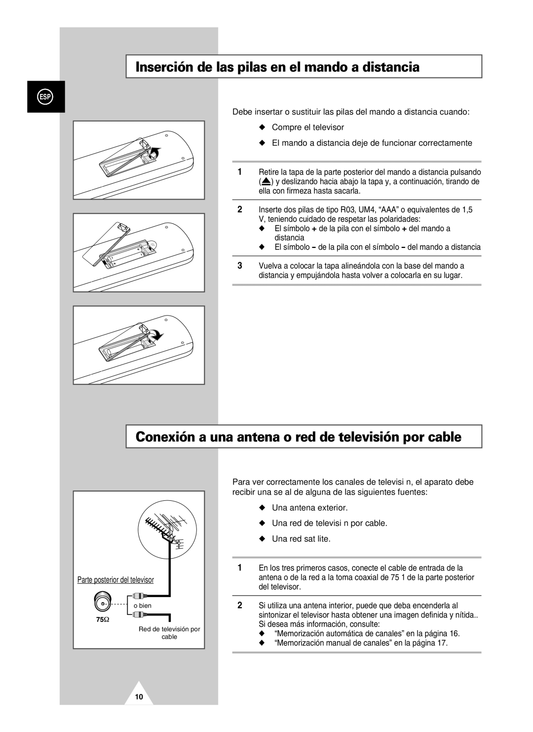 Samsung UW28J10VD5XXEC Inserción de las pilas en el mando a distancia, Conexión a una antena o red de televisión por cable 