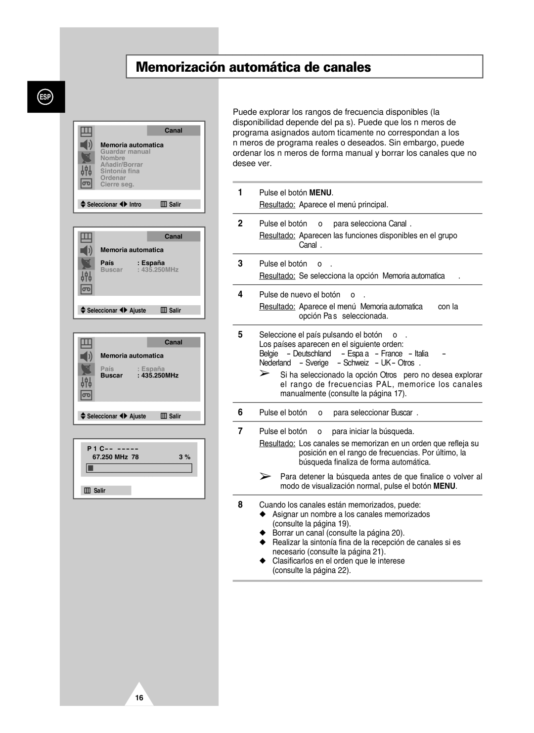 Samsung UW28J10VD5XXEC, UW21J10VD5XXEC, UW21J10VD5XXEF manual Memorización automática de canales, Canal 