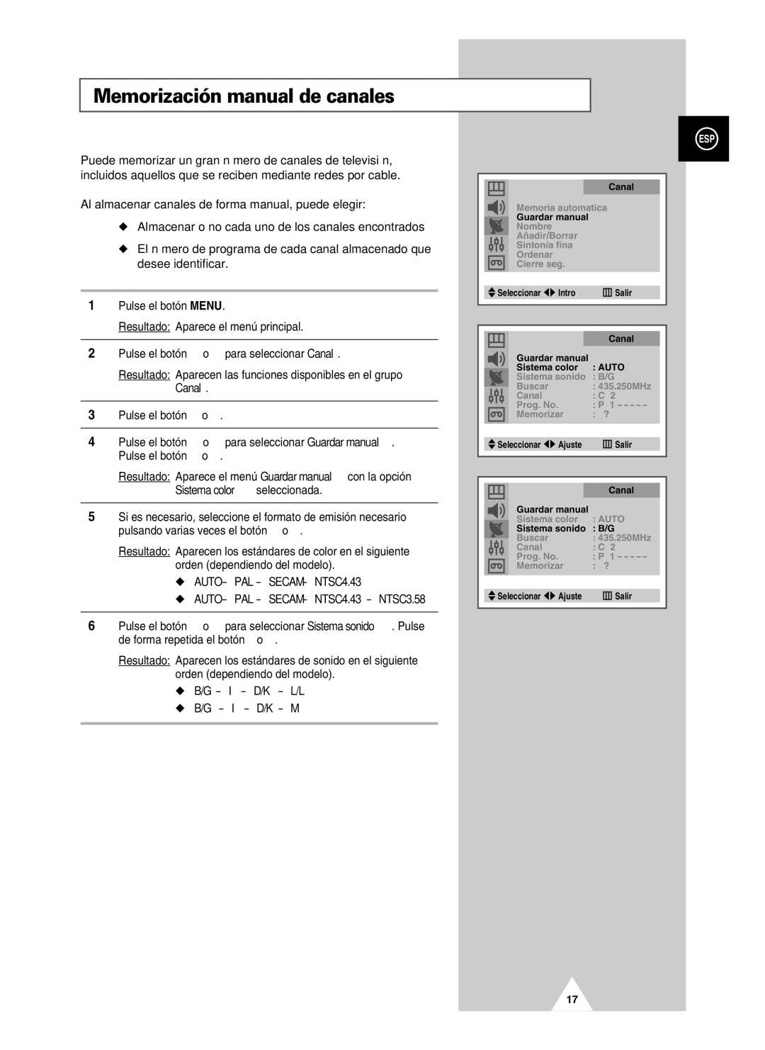 Samsung UW21J10VD5XXEF Memorización manual de canales, Auto PAL Secam NTSC4.43 NTSC3.58, I D/K L/L’ I D/K M 