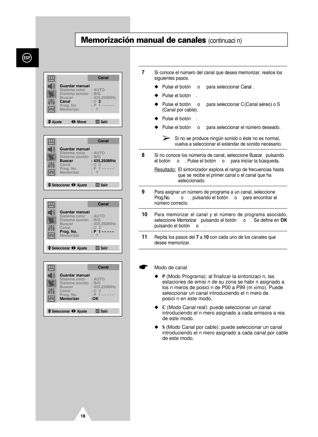 Samsung UW21J10VD5XXEC, UW28J10VD5XXEC, UW21J10VD5XXEF Memorización manual de canales continuación, Modo de canal 