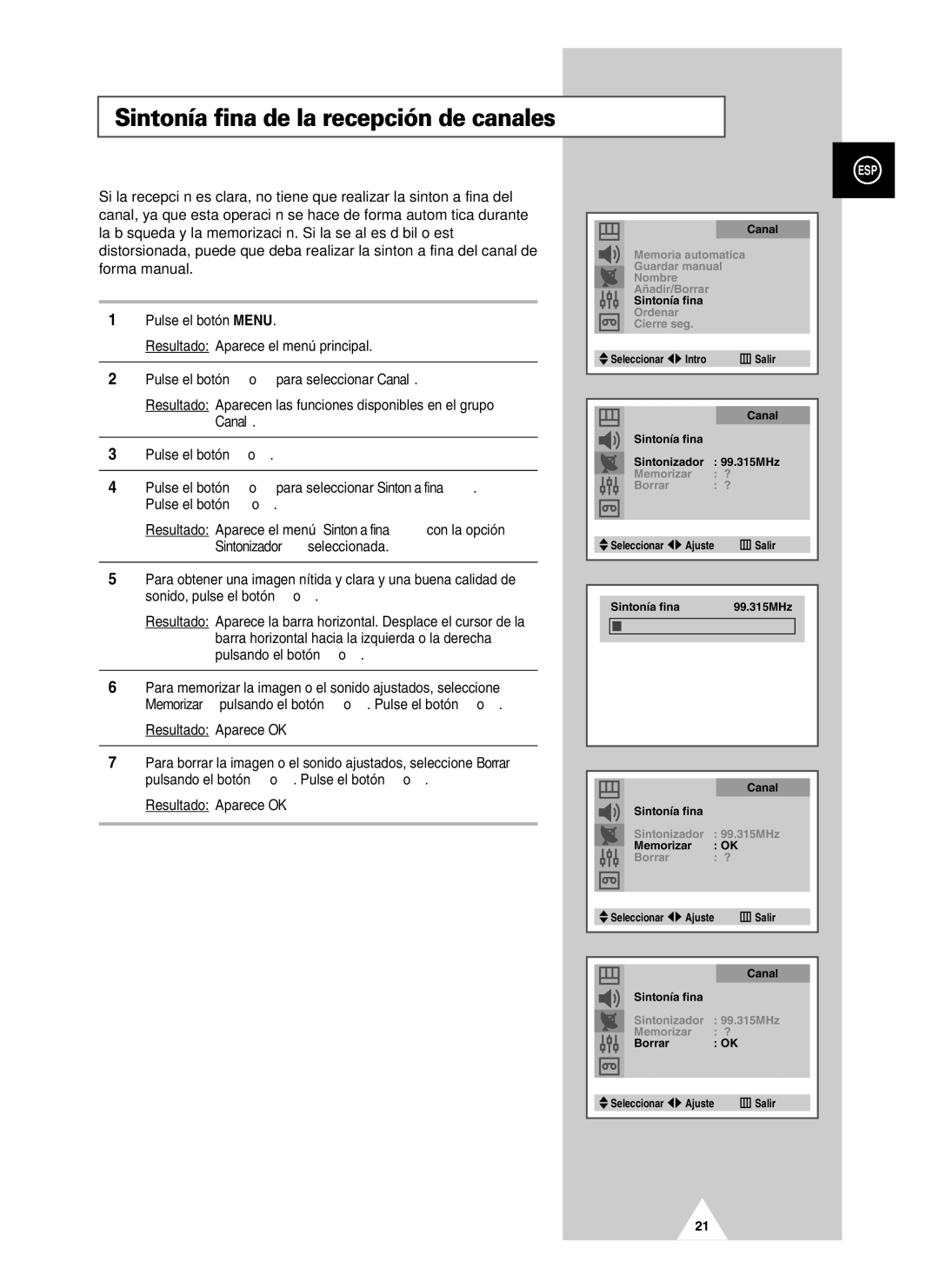 Samsung UW21J10VD5XXEC, UW28J10VD5XXEC, UW21J10VD5XXEF manual Sintonía fina de la recepción de canales 