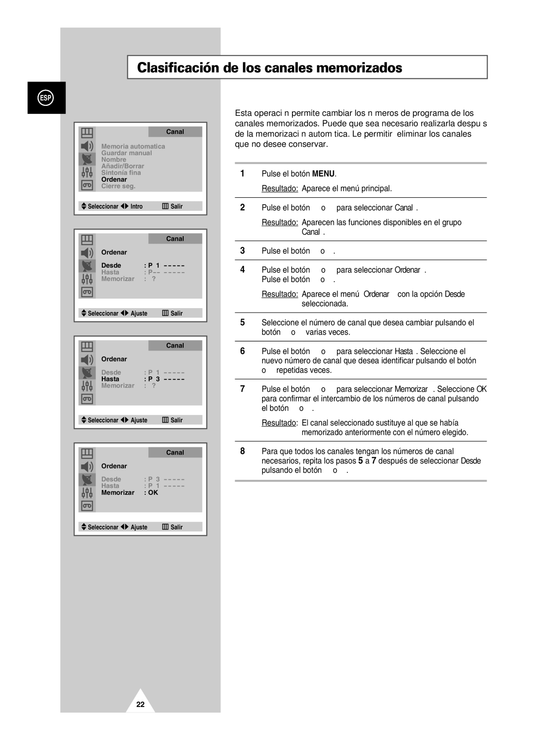 Samsung UW28J10VD5XXEC, UW21J10VD5XXEC, UW21J10VD5XXEF manual Clasificación de los canales memorizados 