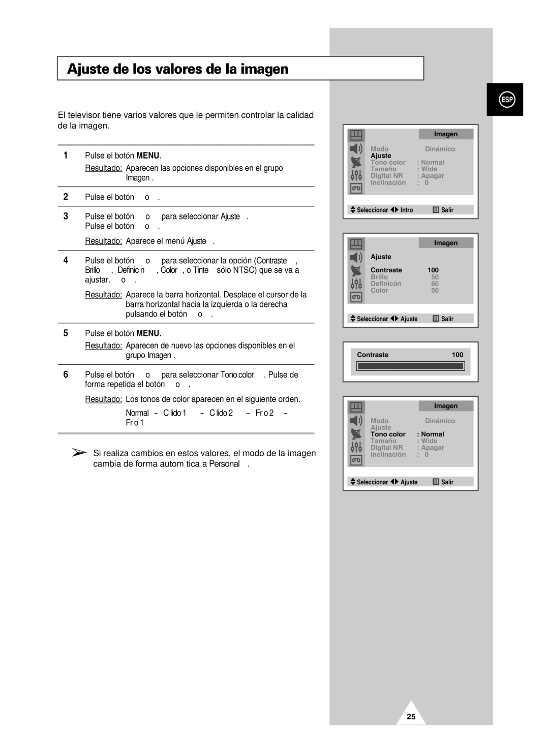 Samsung UW28J10VD5XXEC, UW21J10VD5XXEC, UW21J10VD5XXEF Ajuste de los valores de la imagen, Normal Cálido 1 Cálido 2 Frío 