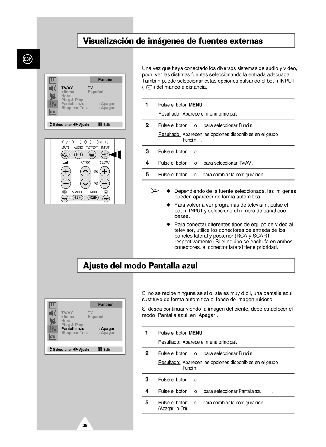 Samsung UW28J10VD5XXEC, UW21J10VD5XXEC manual Visualización de imágenes de fuentes externas, Ajuste del modo Pantalla azul 