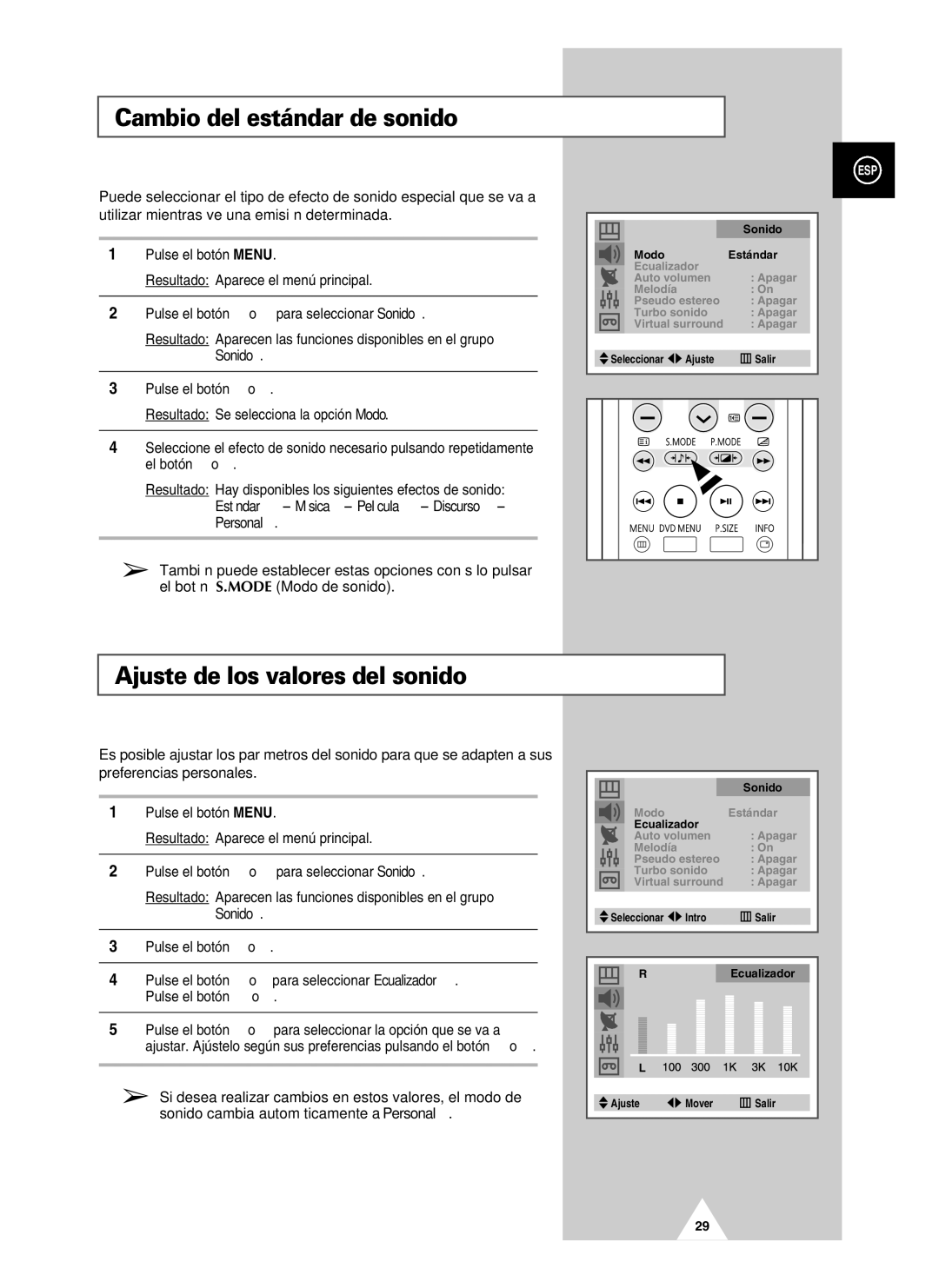 Samsung UW21J10VD5XXEF, UW21J10VD5XXEC manual Cambio del estándar de sonido, Ajuste de los valores del sonido, Sonido 