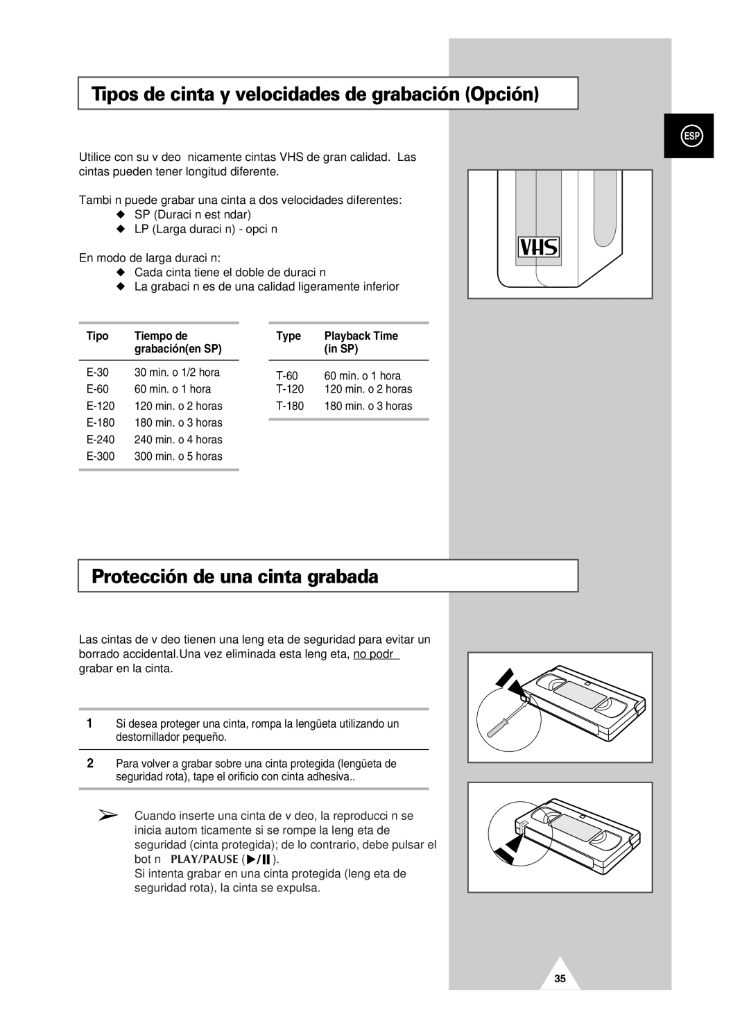 Samsung UW21J10VD5XXEF, UW21J10VD5XXEC Tipos de cinta y velocidades de grabación Opción, Protección de una cinta grabada 