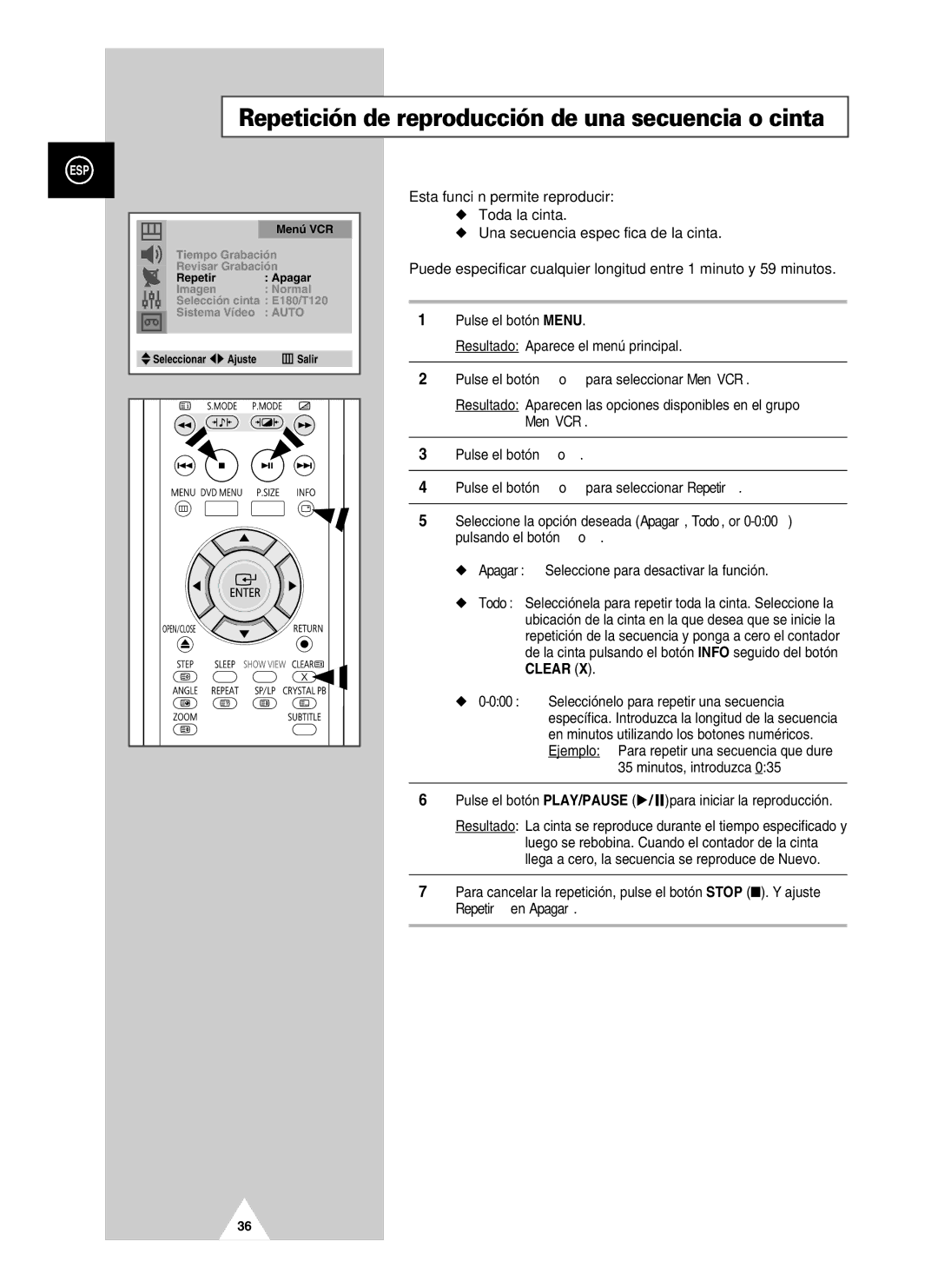 Samsung UW21J10VD5XXEC, UW28J10VD5XXEC Repetición de reproducción de una secuencia o cinta, Menú VCR, Repetir en Apagar 