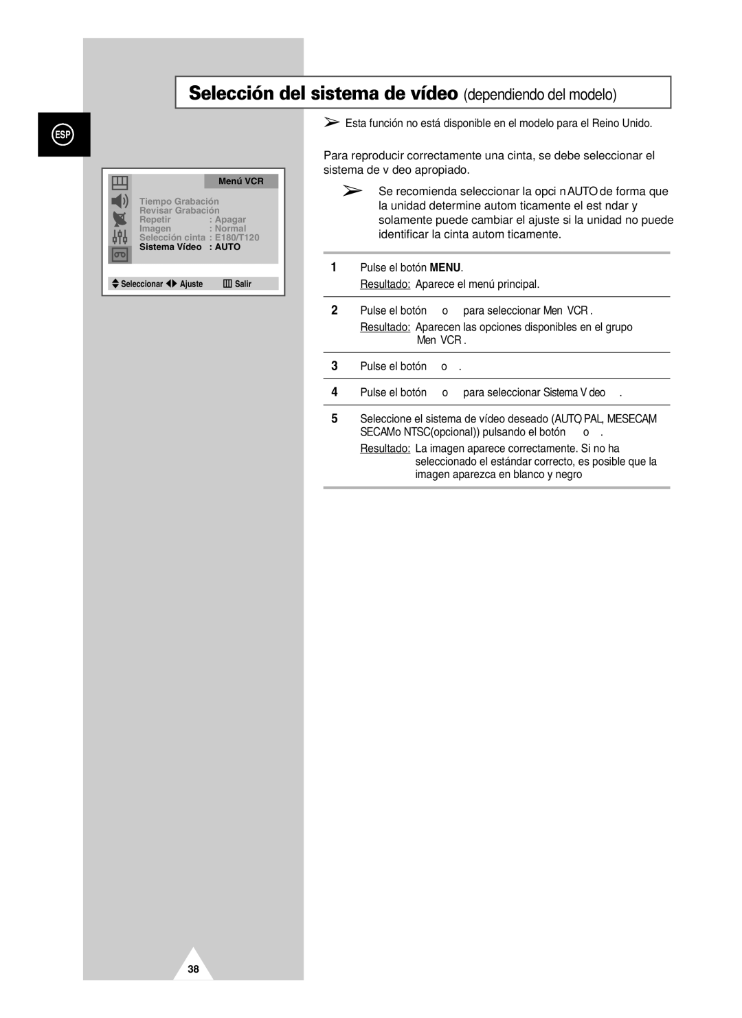 Samsung UW21J10VD5XXEF, UW21J10VD5XXEC, UW28J10VD5XXEC manual Selección del sistema de vídeo dependiendo del modelo 