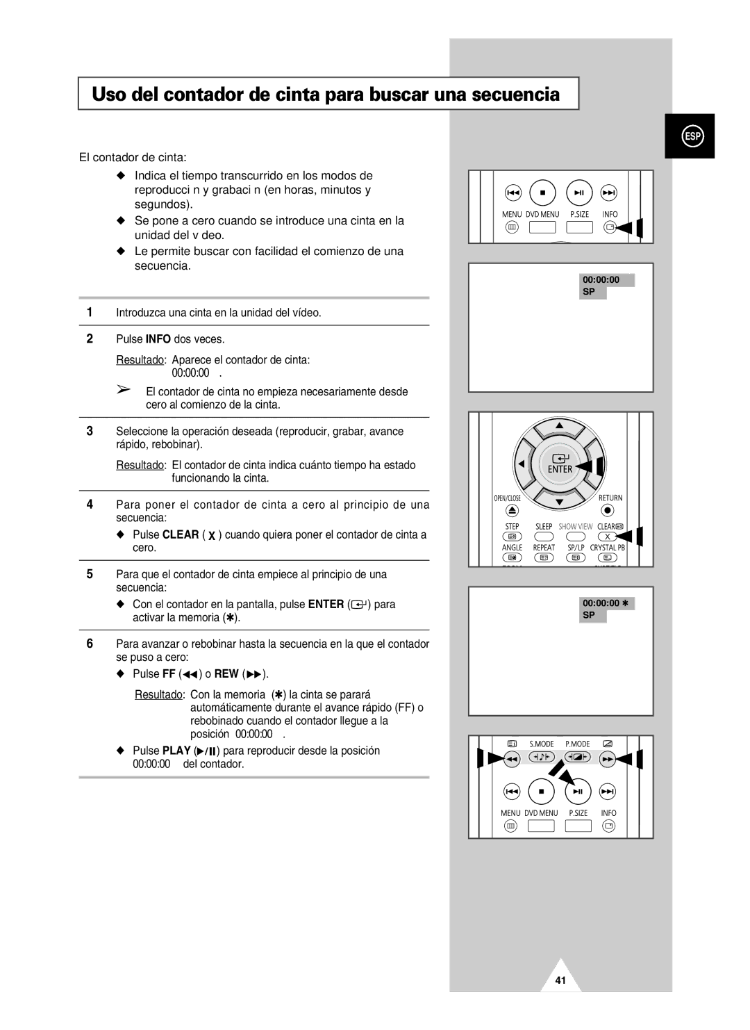 Samsung UW21J10VD5XXEF, UW21J10VD5XXEC, UW28J10VD5XXEC manual Uso del contador de cinta para buscar una secuencia, 000000 