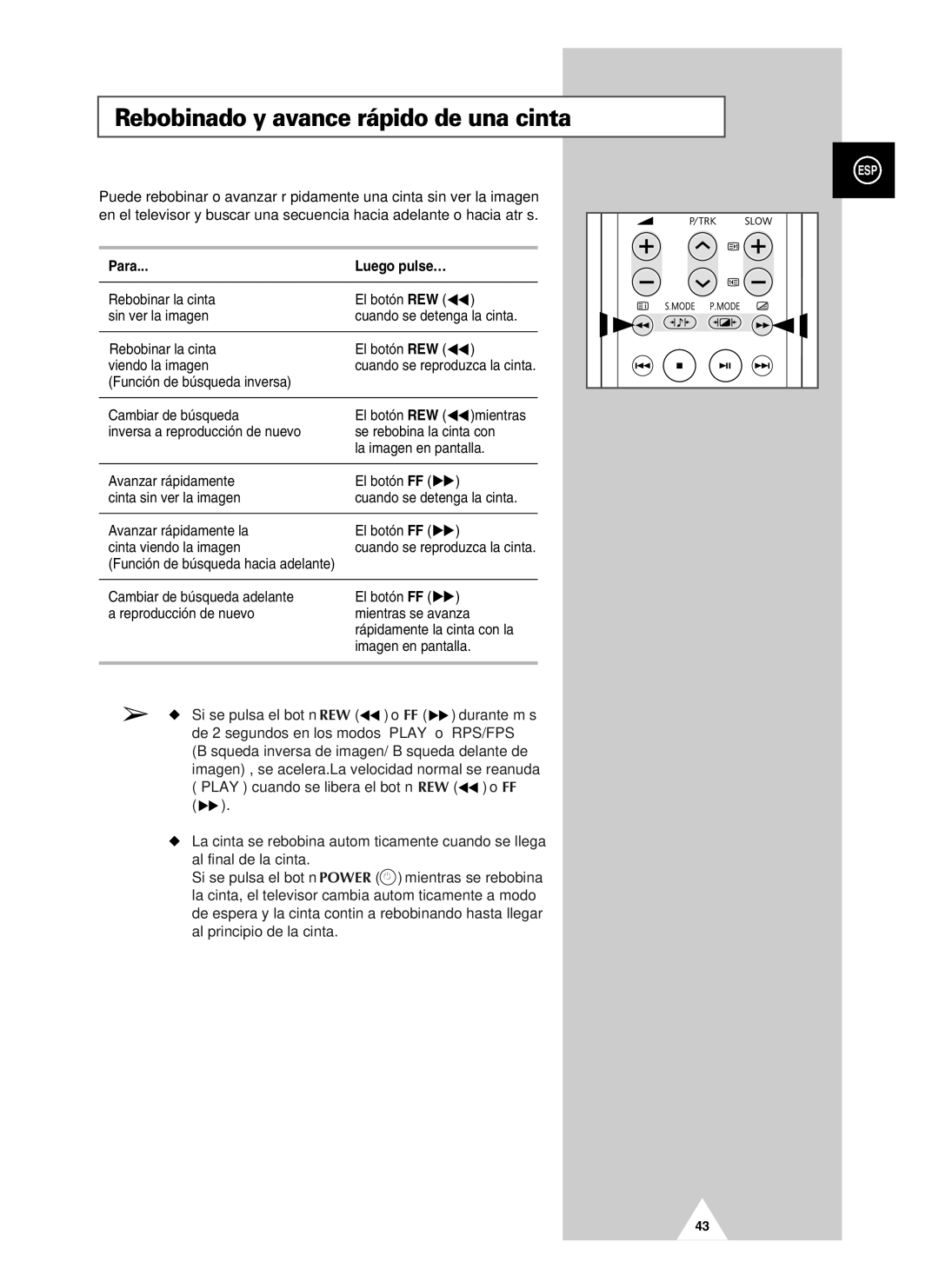 Samsung UW28J10VD5XXEC, UW21J10VD5XXEC, UW21J10VD5XXEF manual Rebobinado y avance rápido de una cinta, Para 