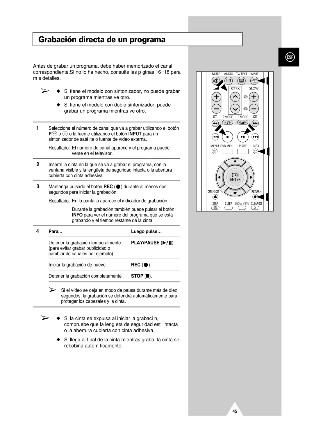 Samsung UW21J10VD5XXEC, UW28J10VD5XXEC, UW21J10VD5XXEF manual Grabación directa de un programa, Para Luego pulse…, Rec, Stop 