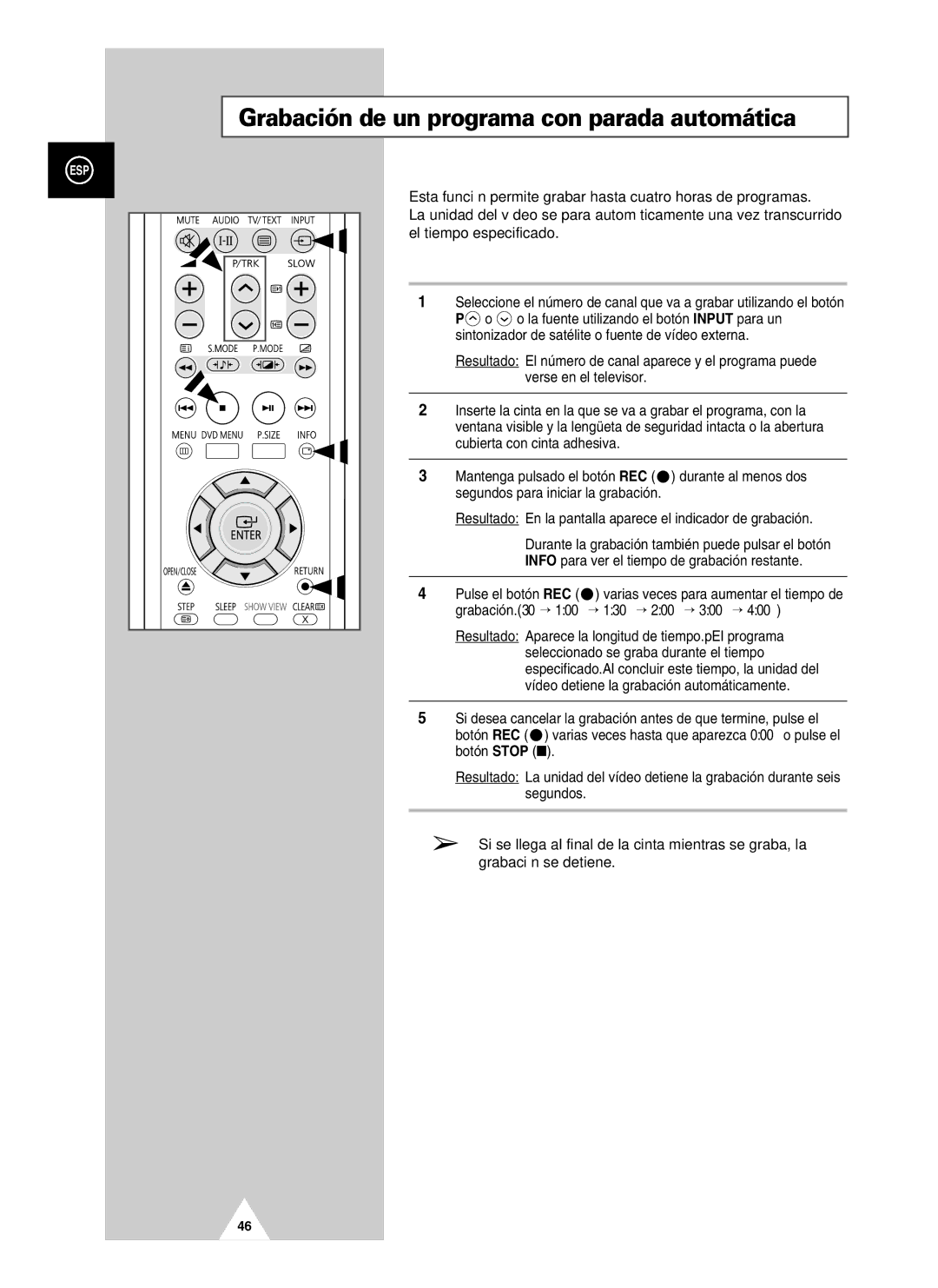 Samsung UW28J10VD5XXEC, UW21J10VD5XXEC, UW21J10VD5XXEF manual Grabación de un programa con parada automática 