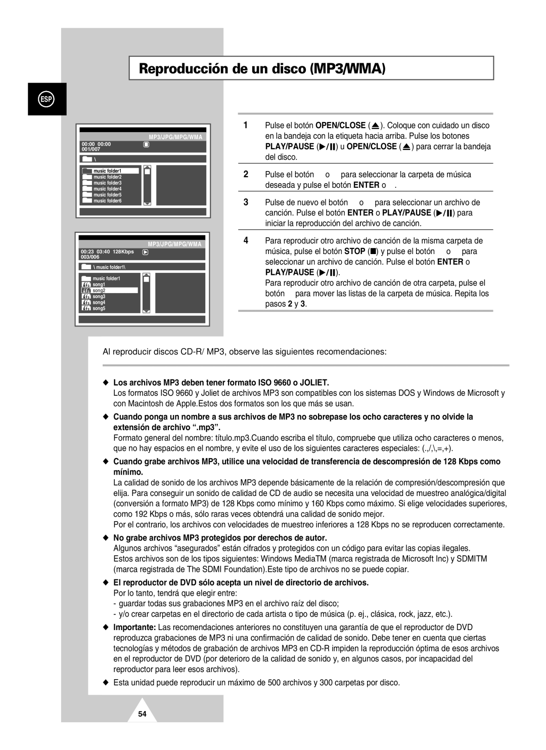 Samsung UW21J10VD5XXEC manual Reproducción de un disco MP3/WMA, Los archivos MP3 deben tener formato ISO 9660 o Joliet 