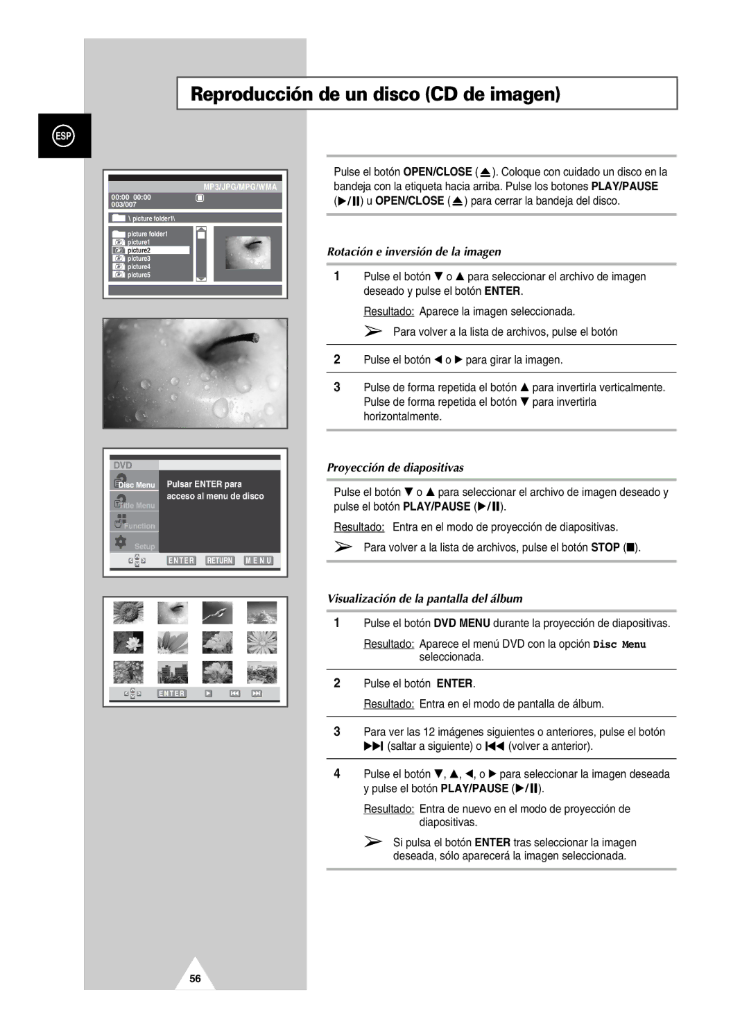 Samsung UW21J10VD5XXEF, UW21J10VD5XXEC manual Reproducción de un disco CD de imagen, Rotación e inversión de la imagen 