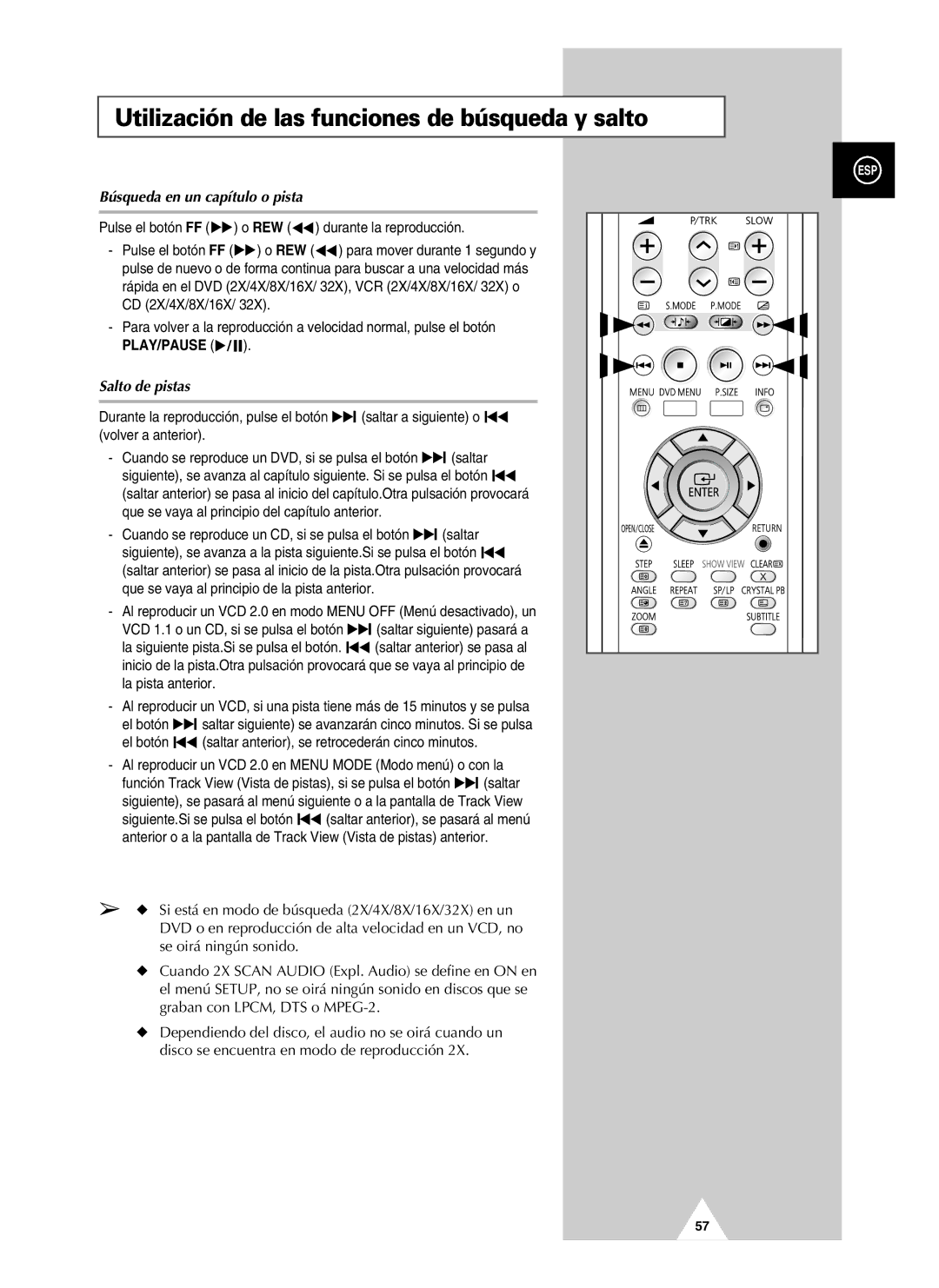 Samsung UW21J10VD5XXEC Utilización de las funciones de búsqueda y salto, Búsqueda en un capítulo o pista, Salto de pistas 