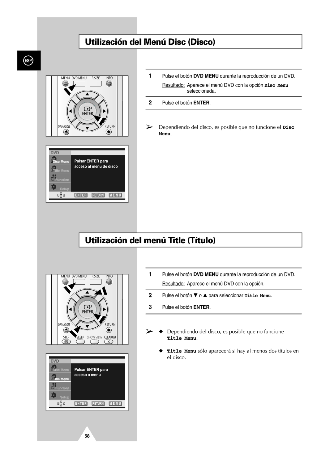 Samsung UW28J10VD5XXEC, UW21J10VD5XXEC manual Utilización del Menú Disc Disco, Utilización del menú Title Título, Title Menu 