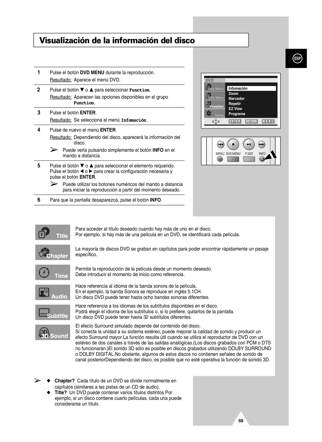 Samsung UW21J10VD5XXEF, UW21J10VD5XXEC, UW28J10VD5XXEC manual Visualización de la información del disco, Function 