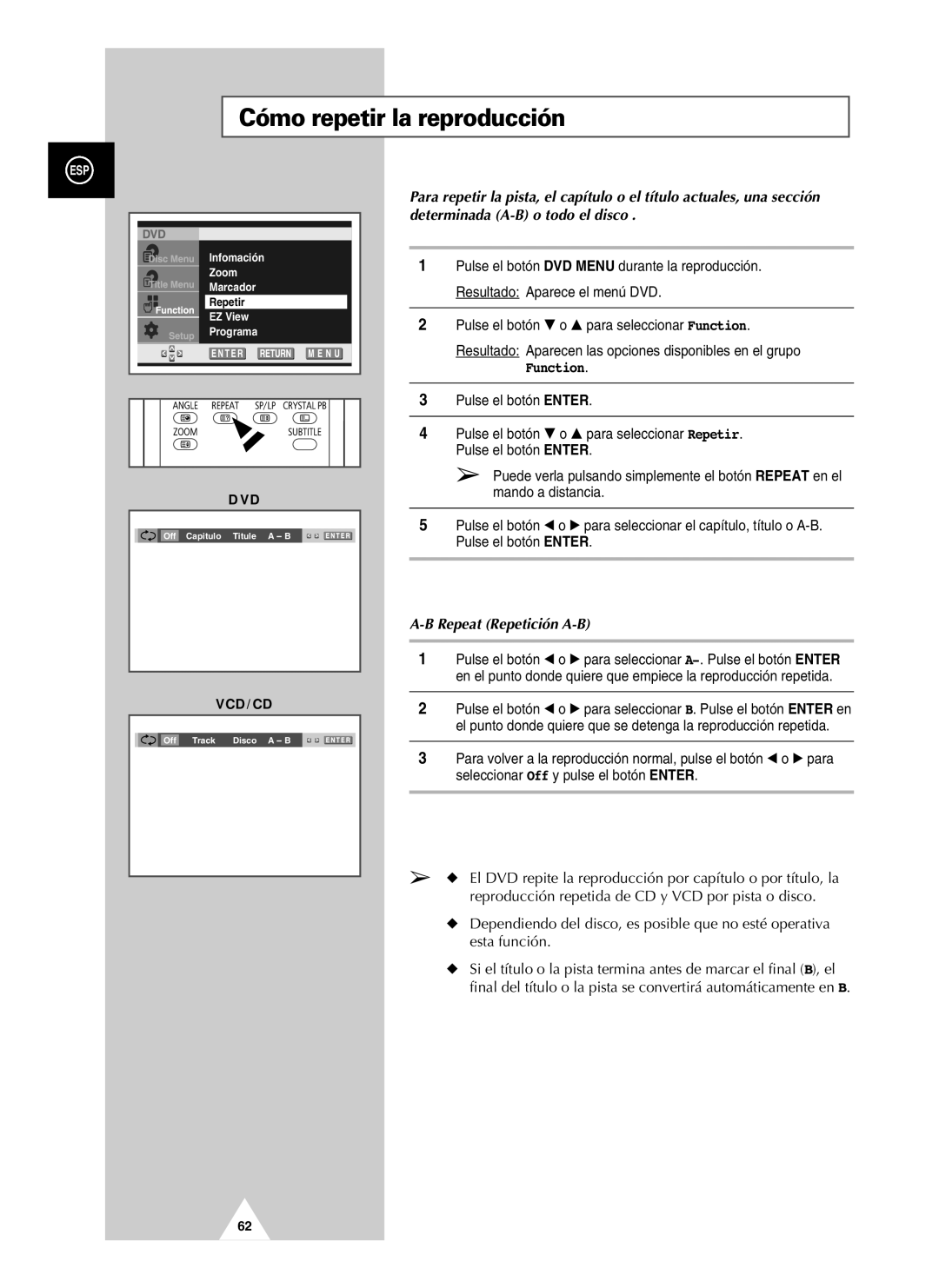 Samsung UW21J10VD5XXEF, UW21J10VD5XXEC, UW28J10VD5XXEC manual Cómo repetir la reproducción, Repeat Repetición A-B 