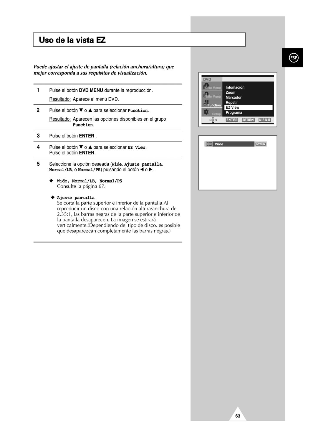 Samsung UW21J10VD5XXEC, UW28J10VD5XXEC, UW21J10VD5XXEF manual Uso de la vista EZ, Wide, Normal/LB, Normal/PS, Ajuste pantalla 