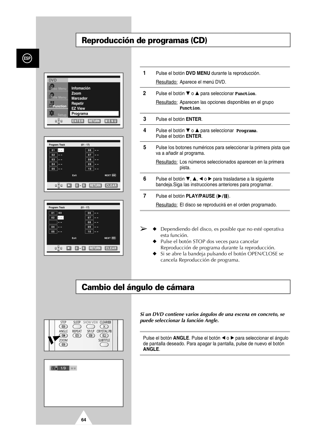 Samsung UW28J10VD5XXEC, UW21J10VD5XXEC, UW21J10VD5XXEF manual Reproducción de programas CD, Cambio del ángulo de cámara 