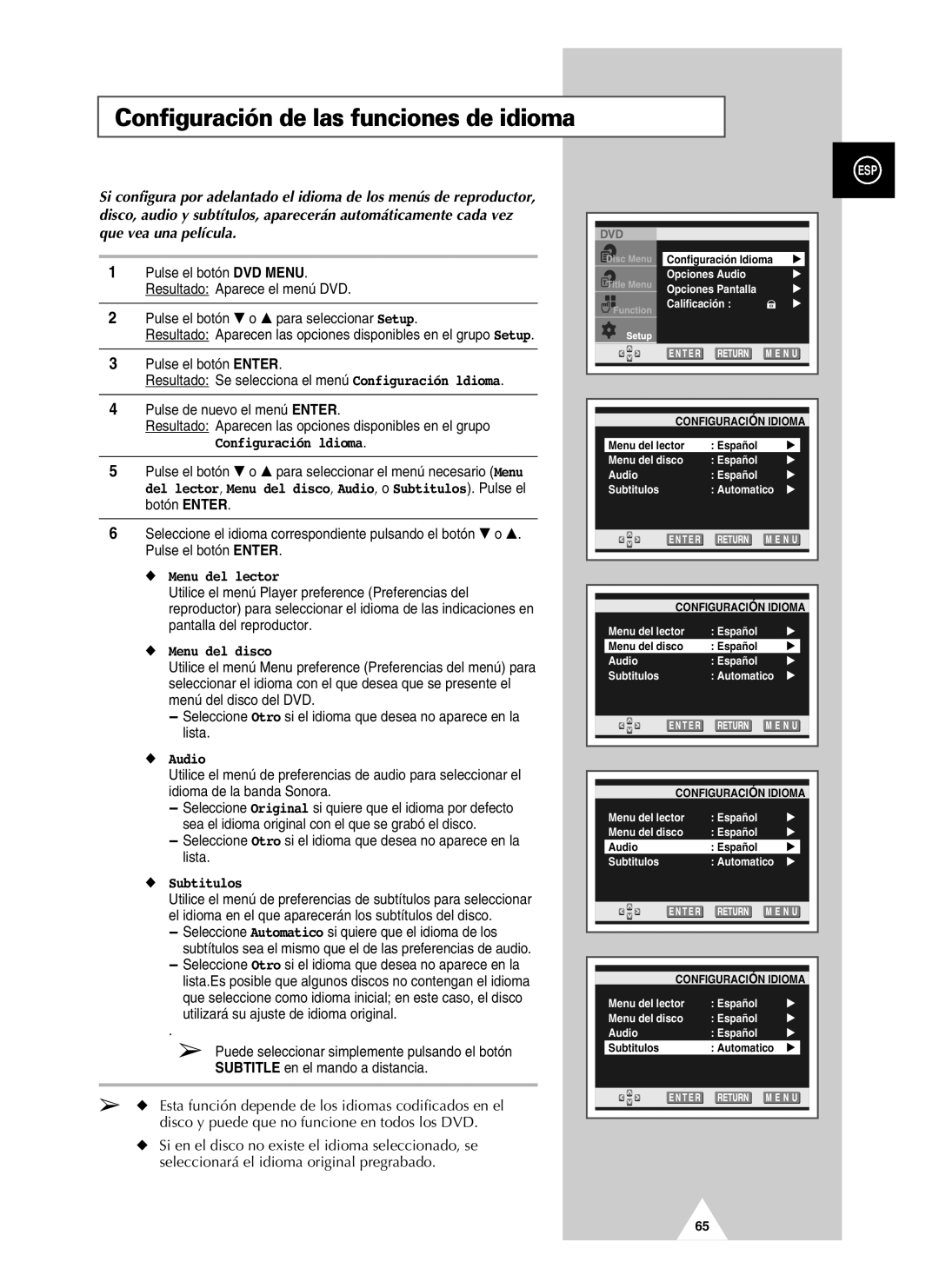 Samsung UW21J10VD5XXEF, UW21J10VD5XXEC, UW28J10VD5XXEC manual Configuración de las funciones de idioma 