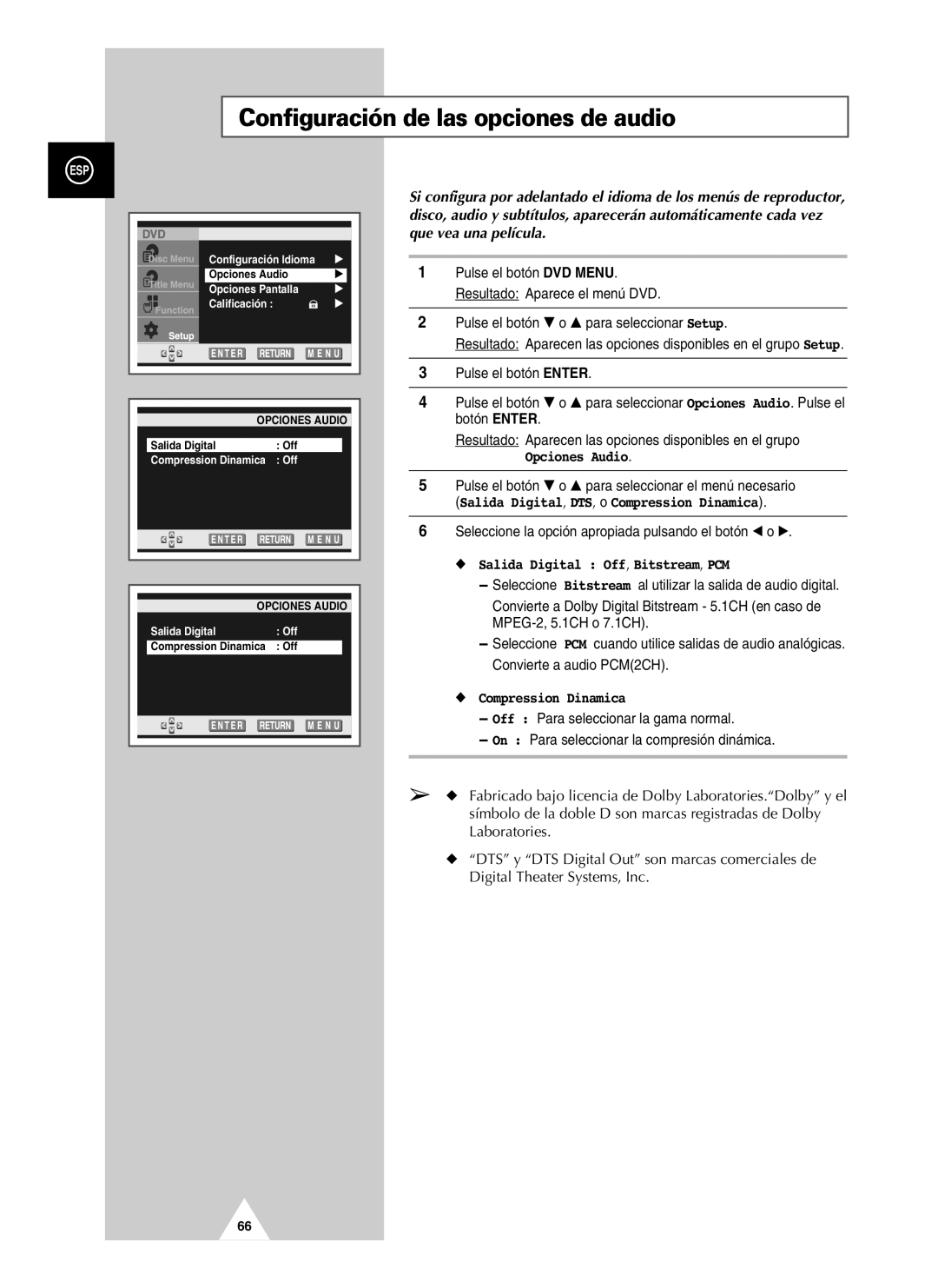 Samsung UW21J10VD5XXEC manual Configuración de las opciones de audio, Opciones Audio, Salida Digital Off, Bitstream, PCM 