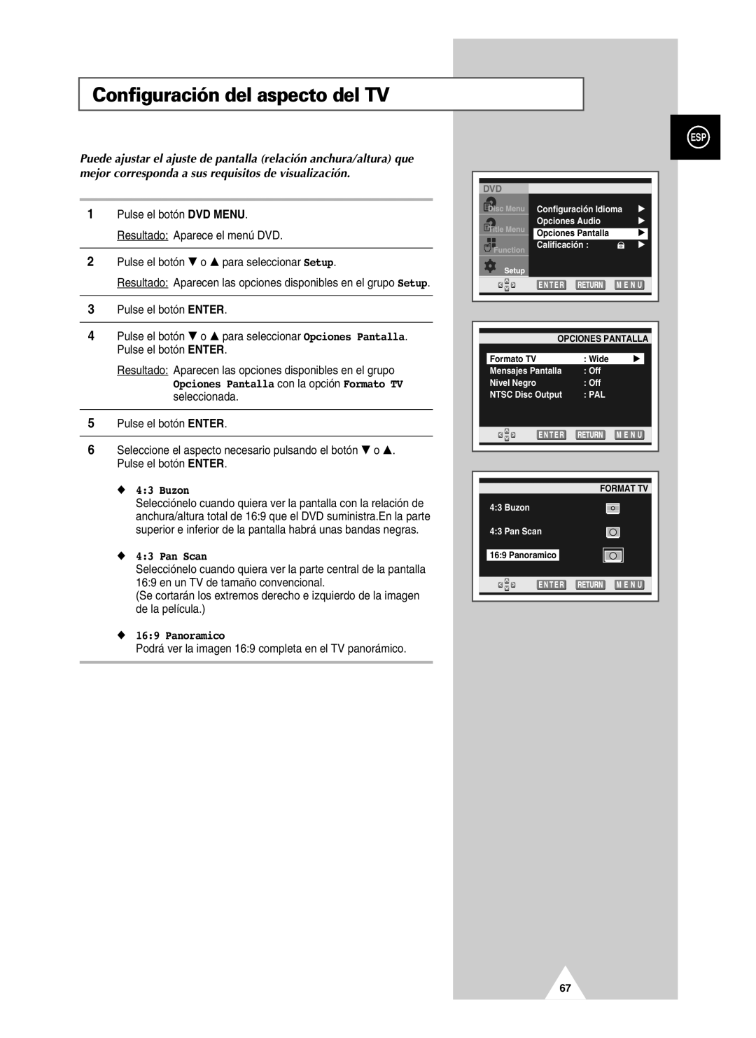 Samsung UW28J10VD5XXEC, UW21J10VD5XXEC, UW21J10VD5XXEF manual Configuración del aspecto del TV, Buzon, Pan Scan, Panoramico 